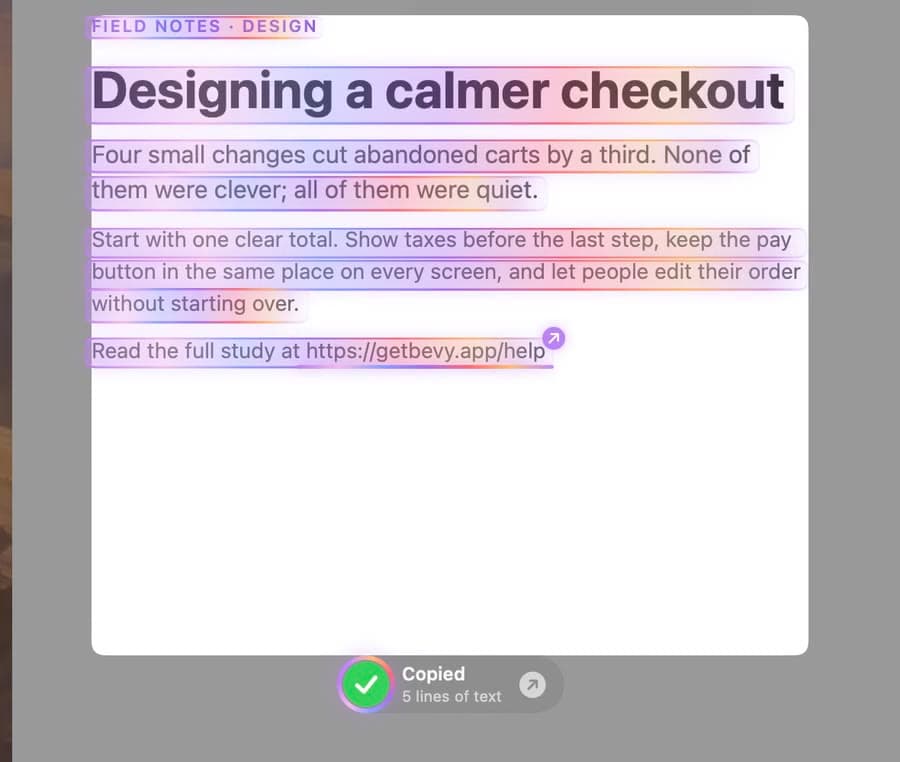 Smart Image Text highlighting every line it copied, with a Copied badge
