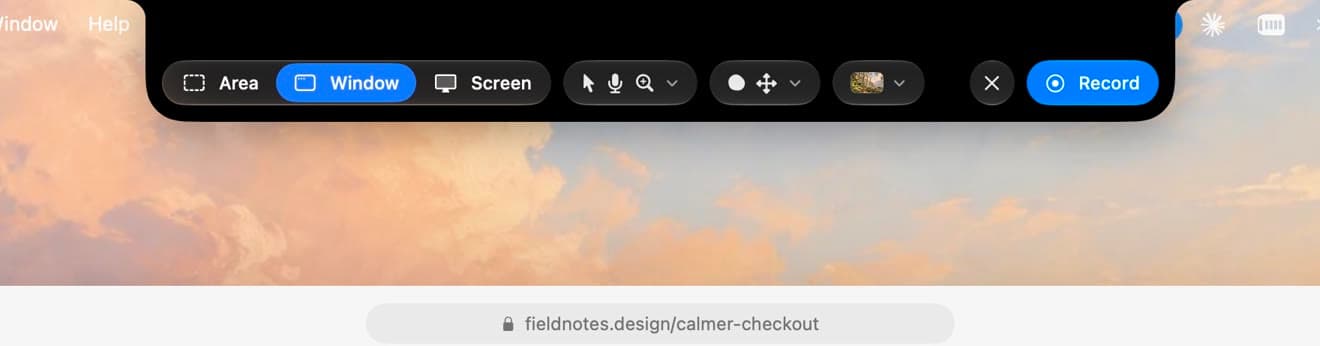 Recording options in the notch: Area, Window, Screen, pointer, microphone, zoom, camera, background and Record